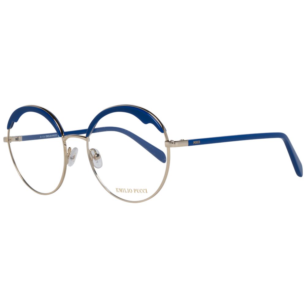 Eyeglasses Frames by Emilio Pucci for women in blue showcases a reflective silhouette, artfully incorporating a sophisticated gold coloured frame with a distinct full-frame frame design.