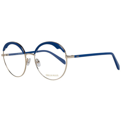 Eyeglasses Frames by Emilio Pucci for women in blue showcases a reflective silhouette, artfully incorporating a sophisticated gold coloured frame with a distinct full-frame frame design.