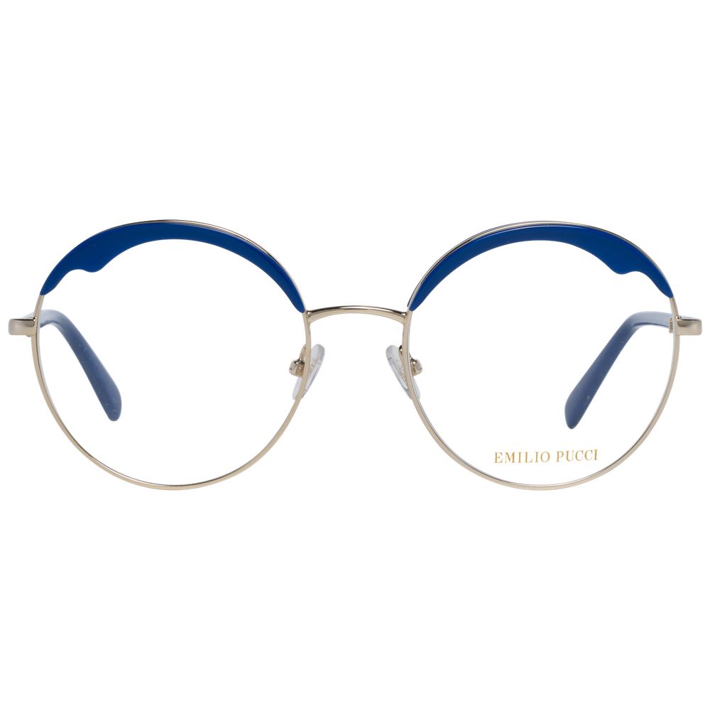 Eyeglasses Frames by Emilio Pucci for women in blue showcases a reflective silhouette, artfully incorporating a sophisticated gold coloured frame with a distinct full-frame frame design.