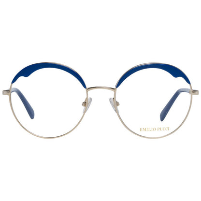 Eyeglasses Frames by Emilio Pucci for women in blue showcases a reflective silhouette, artfully incorporating a sophisticated gold coloured frame with a distinct full-frame frame design.