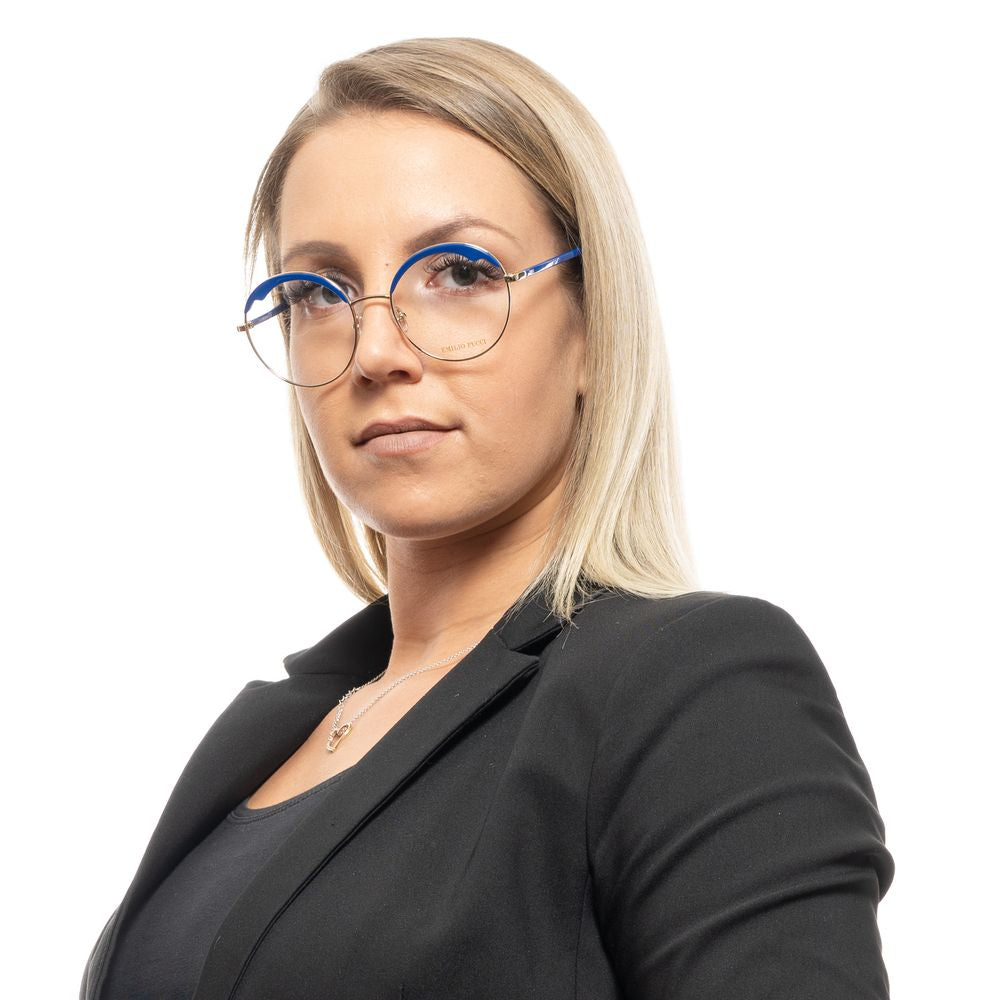 Eyeglasses Frames by Emilio Pucci for women in and blue showcases an refined full-frame frame design featuring a sophisticated gold coloured frame for an refined and refined aesthetic.