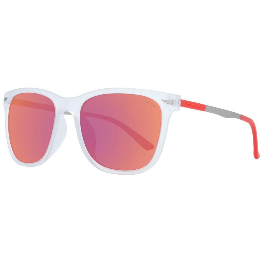 Sunglasses by Police for men in transparent features an lustrous rectangle full-rim frame design with transparent coloured frame detailing and polarized mirrored category-3-dark-tint lens for a lustrous aesthetic.