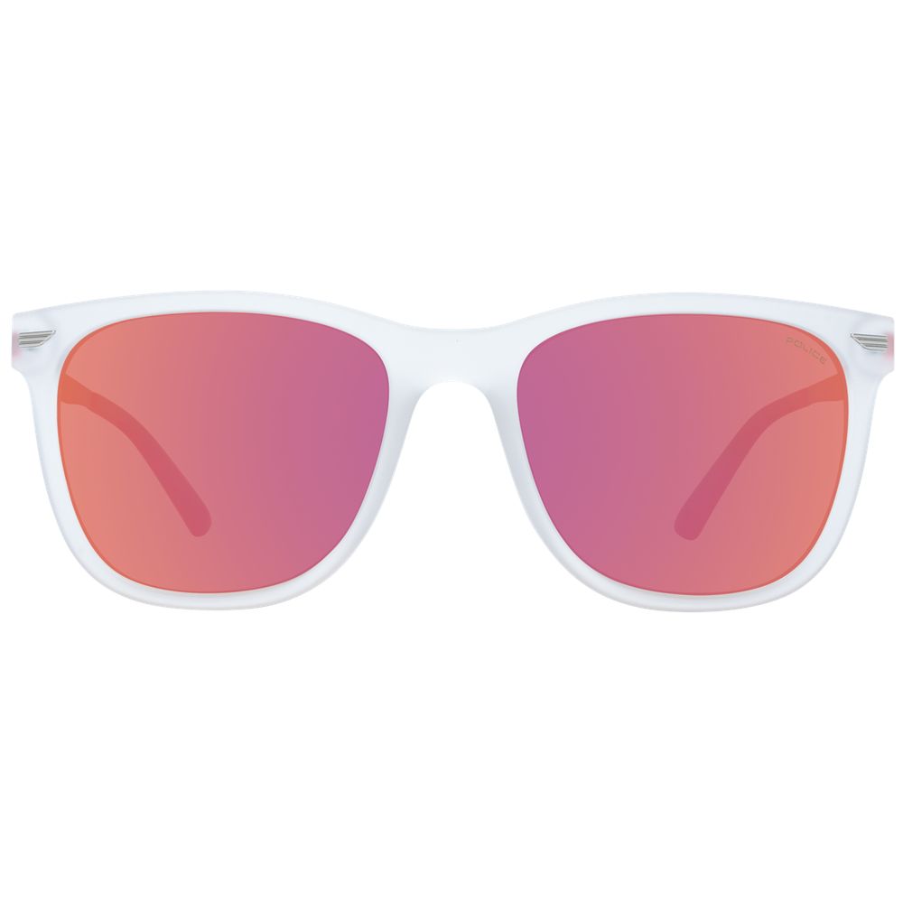 Sunglasses by Police for men in transparent showcases a ethereal silhouette, featuring transparent coloured frame rectangle full-rim frame design with polarized mirrored category-3-dark-tint lens for a ethereal finish.