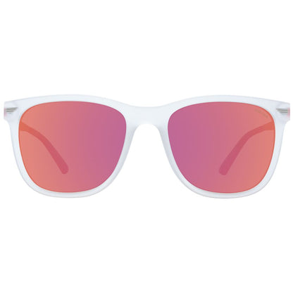Sunglasses by Police for men in transparent showcases a ethereal silhouette, featuring transparent coloured frame rectangle full-rim frame design with polarized mirrored category-3-dark-tint lens for a ethereal finish.