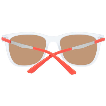 Sunglasses by Police for men in transparent features an ethereal rectangle full-rim frame design with transparent coloured frame frames and polarized mirrored category-3-dark-tint lens for a ethereal finish.