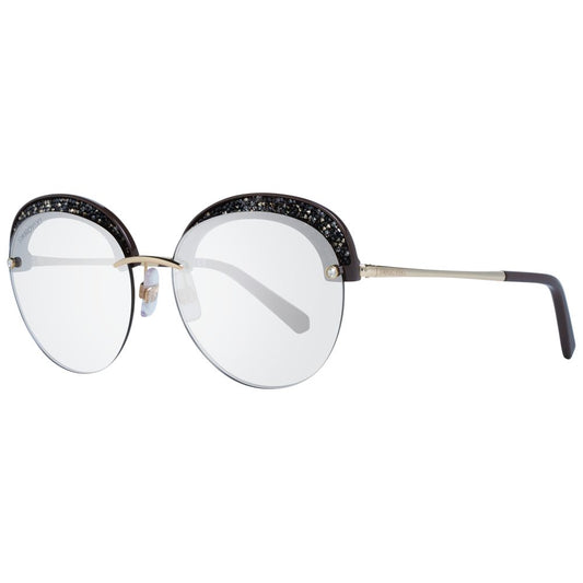 This Sunglasses by Swarovski for women in gold presents a sumptuous silhouette, showcasing a sumptuous half-rim round frame design in multicolor coloured frame and high-performance mirrored category-2-medium-tint lens.