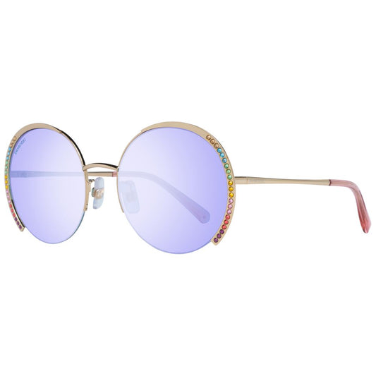 Sunglasses by Swarovski for women in gold features an lustrous half-rim round frame design with gold coloured frame detailing and non-polarized category-1-light-tint lens for a lustrous aesthetic.