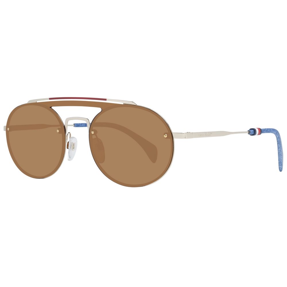 Sunglasses by Tommy Hilfiger for women in metal and gold presents a sumptuous silhouette, featuring gold coloured frame and aviator full-rim frame design with non-polarized category-3-dark-tint lens for a sumptuous look.