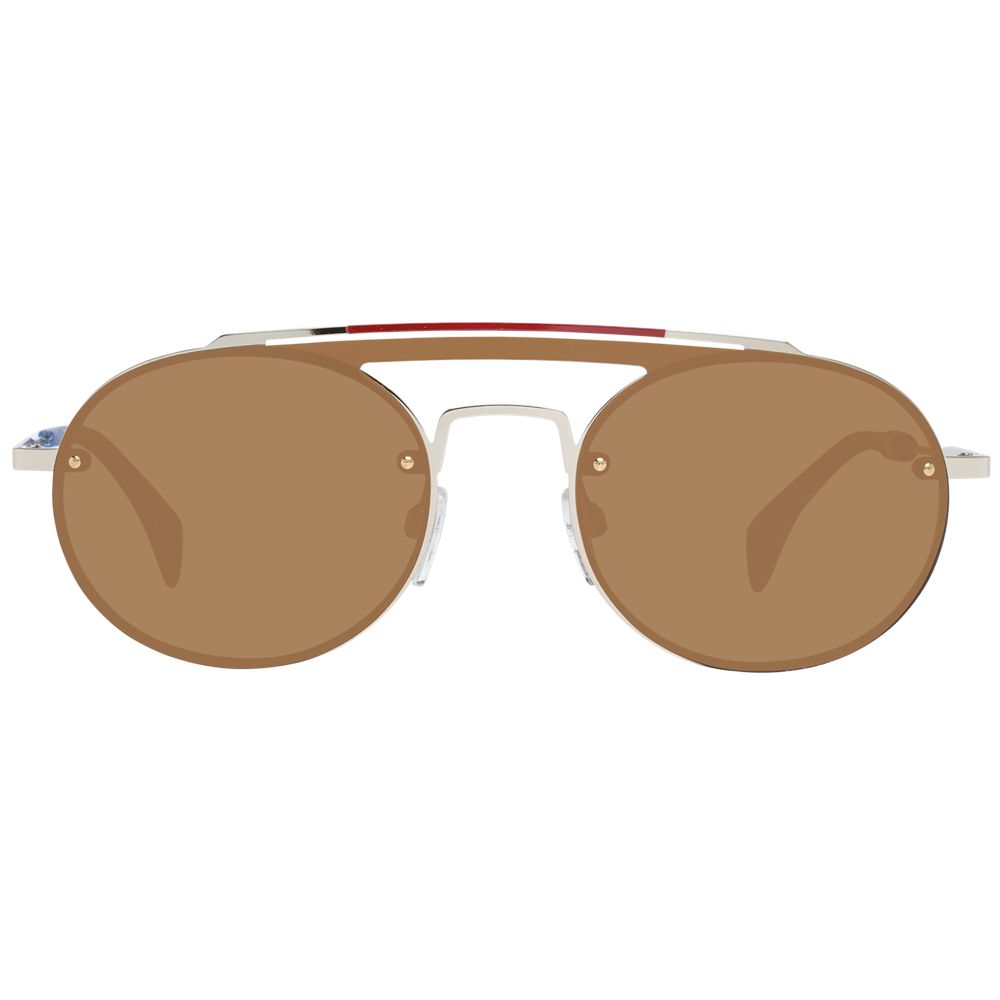 Sunglasses by Tommy Hilfiger for women in metal gold features an lustrous aviator full-rim frame design with gold coloured frame detailing and non-polarized category-3-dark-tint lens for a lustrous aesthetic.