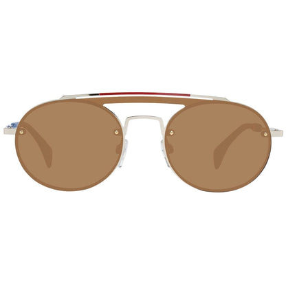 Sunglasses by Tommy Hilfiger for women in metal gold features an lustrous aviator full-rim frame design with gold coloured frame detailing and non-polarized category-3-dark-tint lens for a lustrous aesthetic.