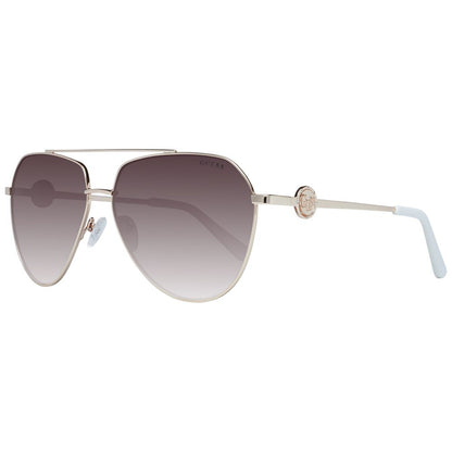 Sunglasses by Guess for women in gold features an lustrous aviator full-rim frame design with gold coloured frame detailing and gradient category-3-dark-tint lens for a lustrous aesthetic.