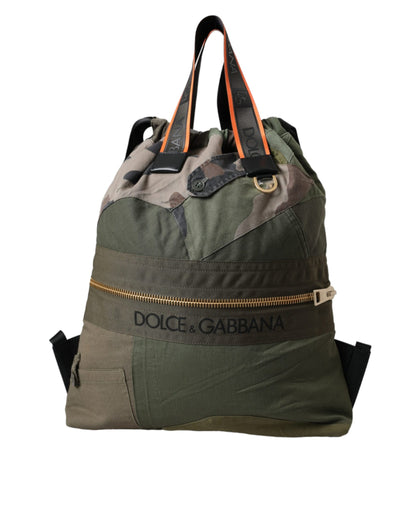 Large Drawstring Rucksack Backpack by Dolce & Gabbana for men in canvas military-green, camouflage & patchwork showcases a stately Canvas Large Drawstring Rucksack Backpack design, featuring a secure drawstring with stately internal-pockets and versatile backpack-strap.