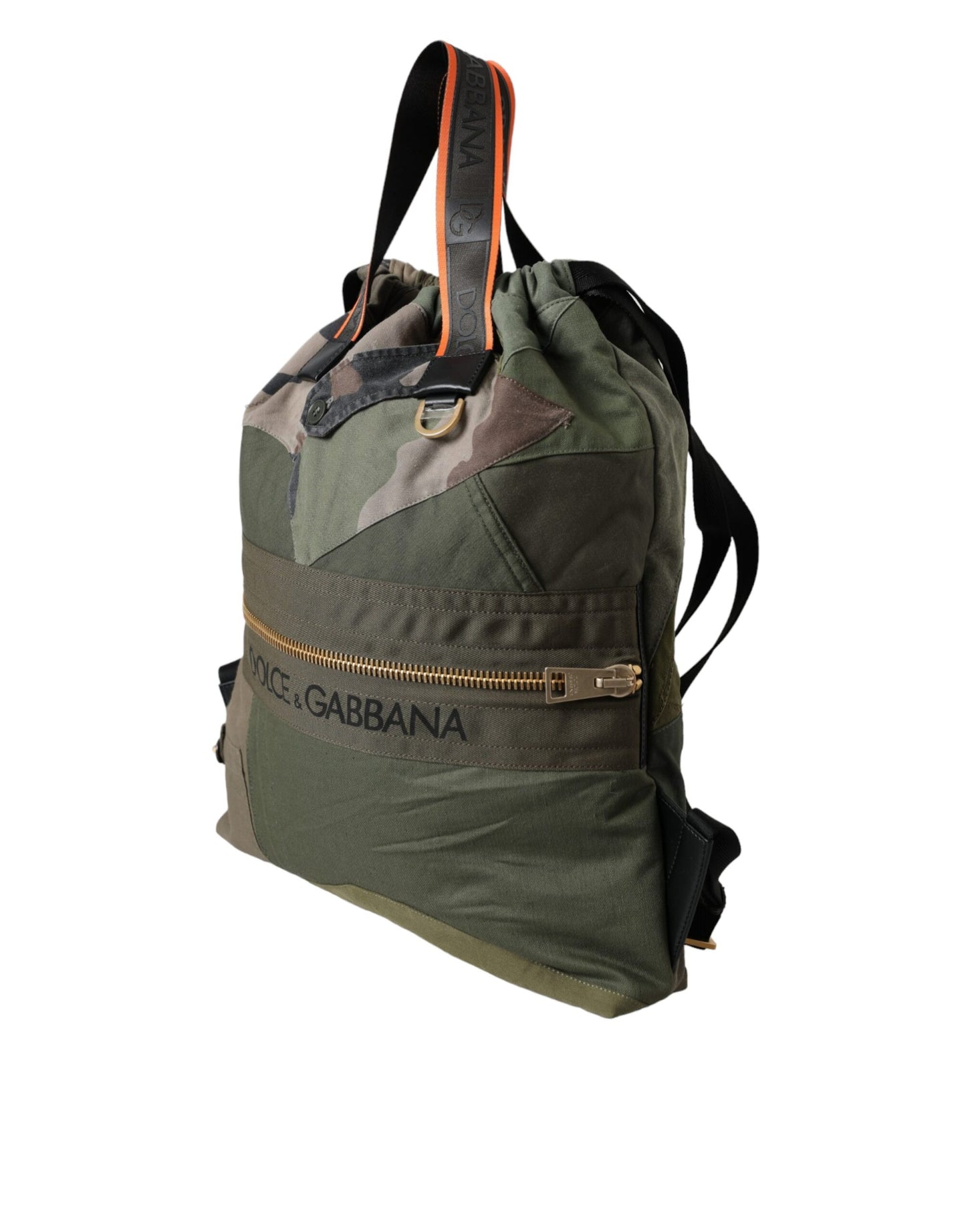 Large Drawstring Rucksack Backpack by Dolce & Gabbana for men in canvas military-green, camouflage & patchwork features a refined silhouette, showcasing the Canvas Large Drawstring Rucksack Backpack design with a secure drawstring, ample internal-pockets, and versatile backpack-strap.