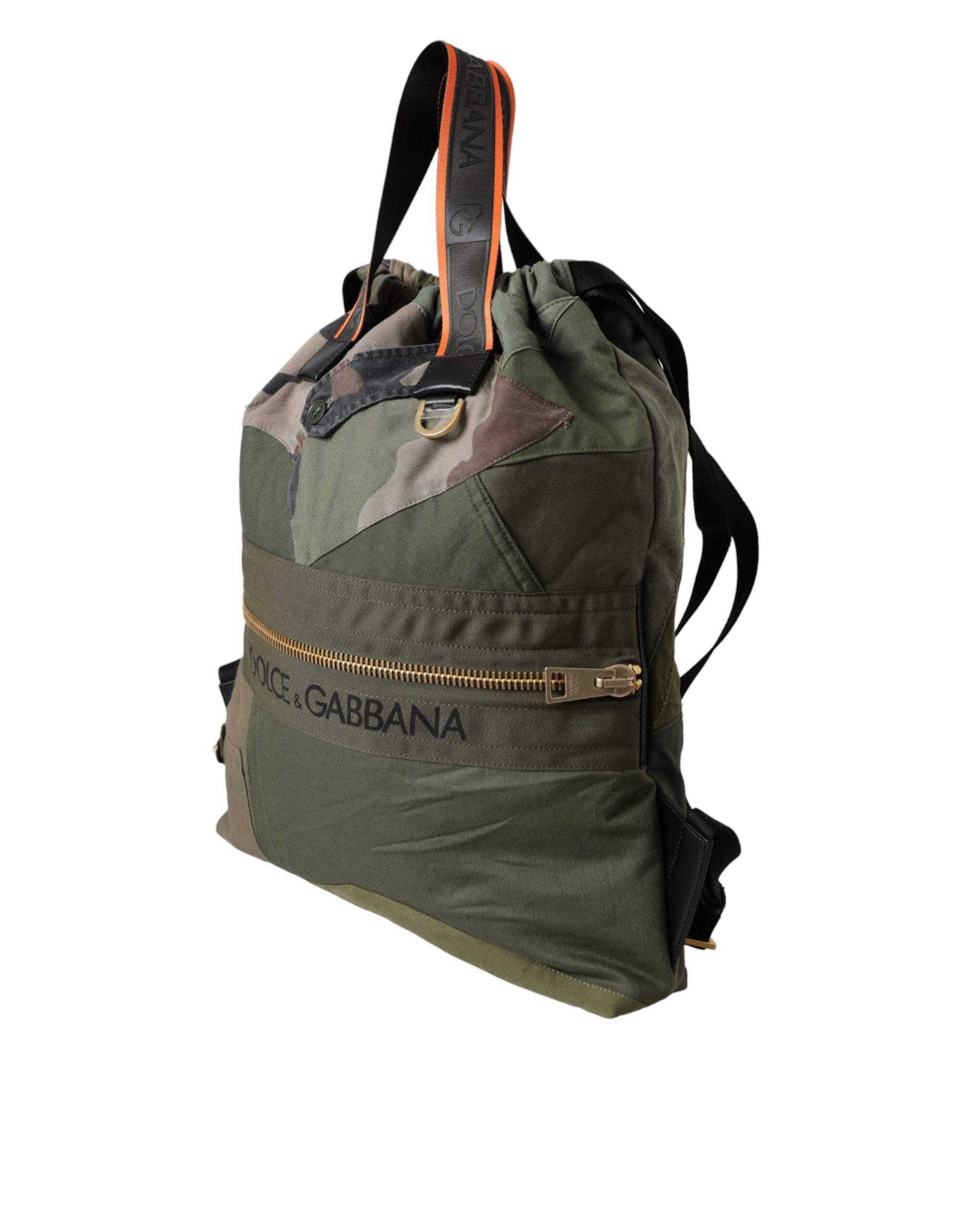 Large Drawstring Rucksack Backpack by Dolce & Gabbana for men in canvas military-green, camouflage & patchwork features a refined silhouette, showcasing the Canvas Large Drawstring Rucksack Backpack design with a secure drawstring, ample internal-pockets, and versatile backpack-strap.