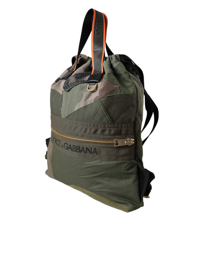 Large Drawstring Rucksack Backpack by Dolce & Gabbana for men in canvas military-green, camouflage & patchwork features a refined silhouette, showcasing the Canvas Large Drawstring Rucksack Backpack design with a secure drawstring, ample internal-pockets, and versatile backpack-strap.
