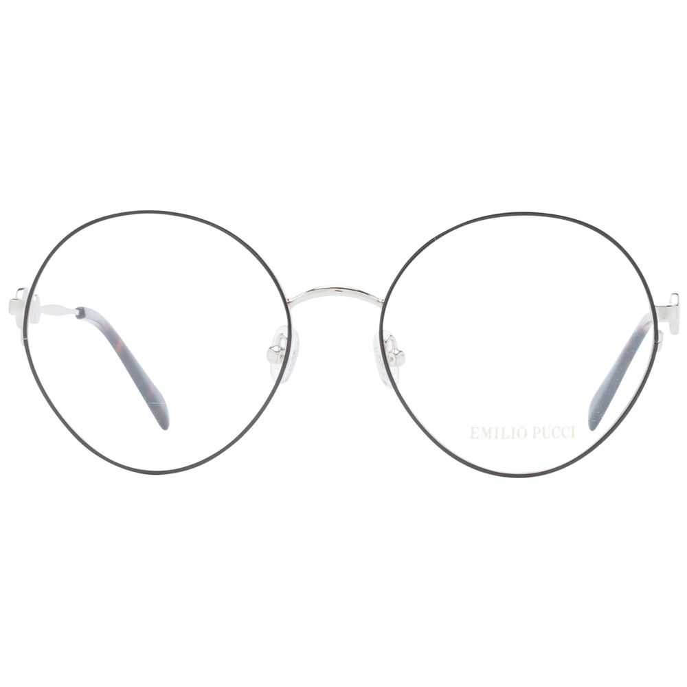 Eyeglasses Frames by Emilio Pucci for women in metal black showcases a reflective silhouette, artfully incorporating a sophisticated black coloured frame with a distinct full-frame frame design.