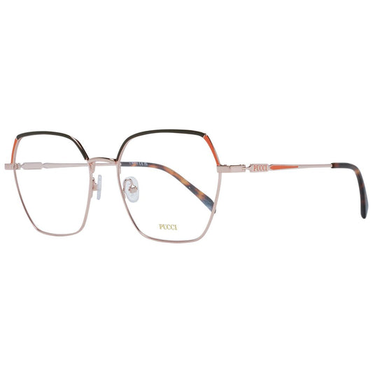Eyeglasses Frames by Emilio Pucci for women in metal rose-gold showcases a refined full-frame frame design with a refined rose-gold coloured frame finish for a refined and sophisticated look.