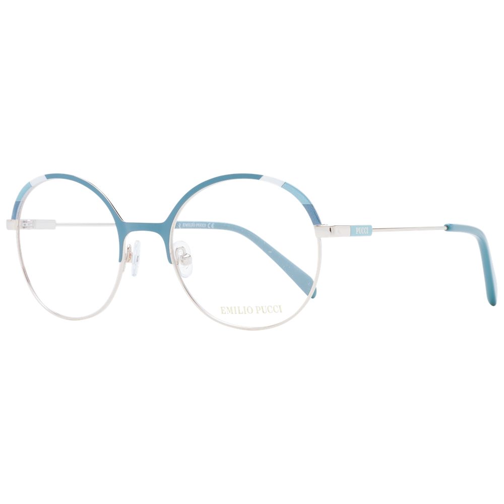 Eyeglasses Frames by Emilio Pucci for women in metal turquoise showcases a reflective silhouette, artfully incorporating a sophisticated turquoise coloured frame with a distinct full-frame frame design.