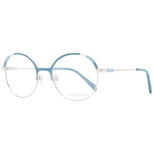 Eyeglasses Frames by Emilio Pucci for women in metal turquoise showcases a reflective silhouette, artfully incorporating a sophisticated turquoise coloured frame with a distinct full-frame frame design.