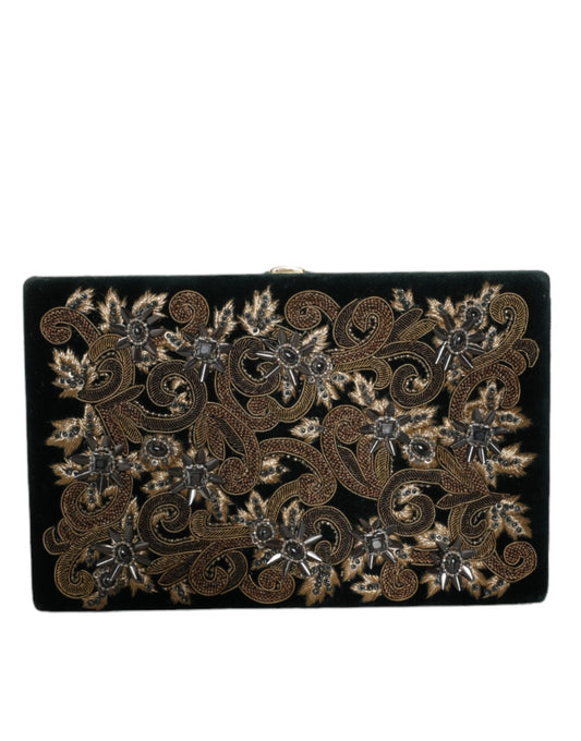 Compact Evening Box Clutch Convertible Handbag by Dolce & Gabbana for women in velvet poly cotton & leather black, gold, pearl & signature features a polished silhouette with a secure , ample cardholder, and polished for a sophisticated look.