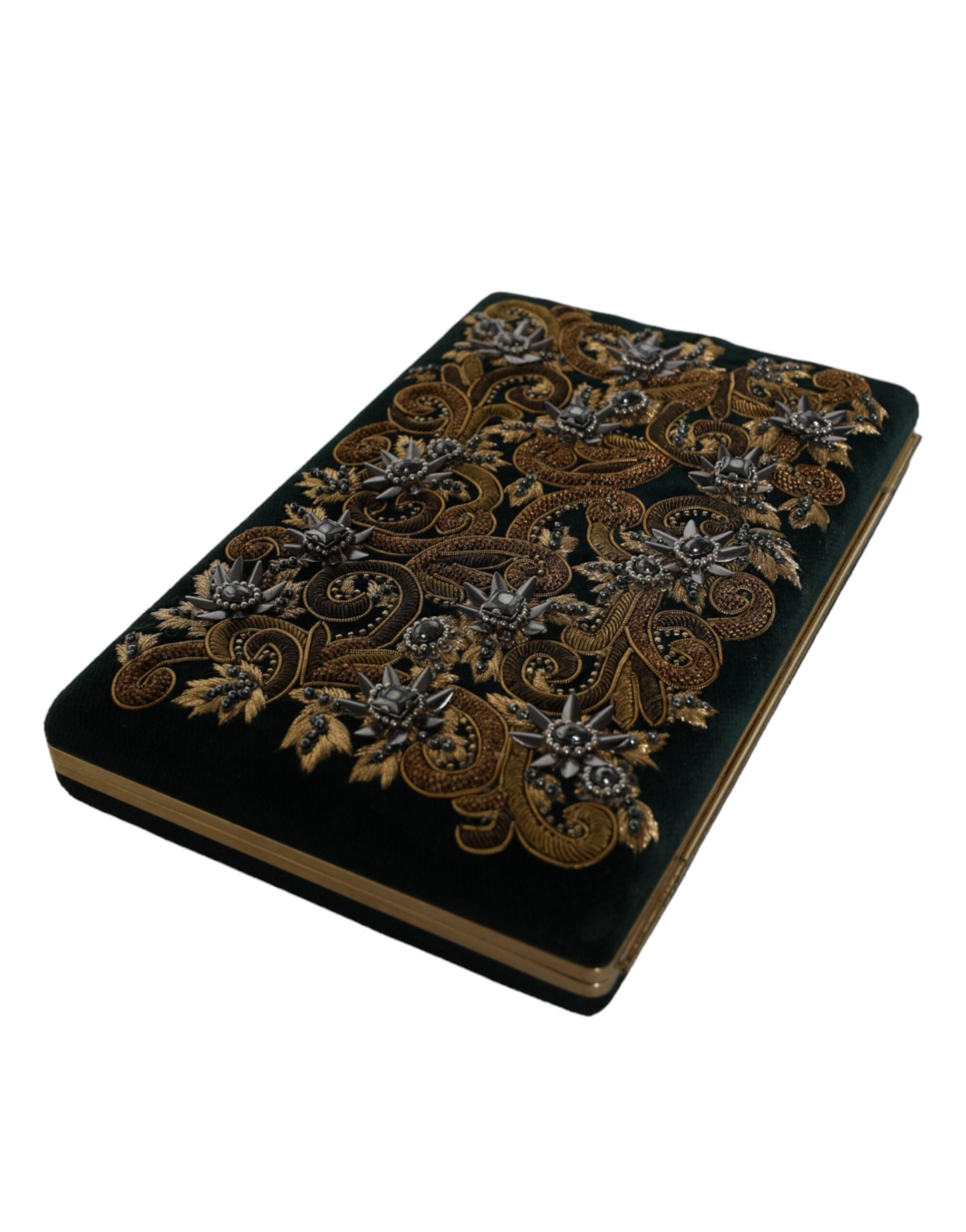 Compact Evening Box Clutch Convertible Handbag by Dolce & Gabbana for women in velvet poly cotton & leather black, gold, pearl & signature features an exquisite silhouette, showcasing a secure , ample cardholder, and versatile for exquisite style.