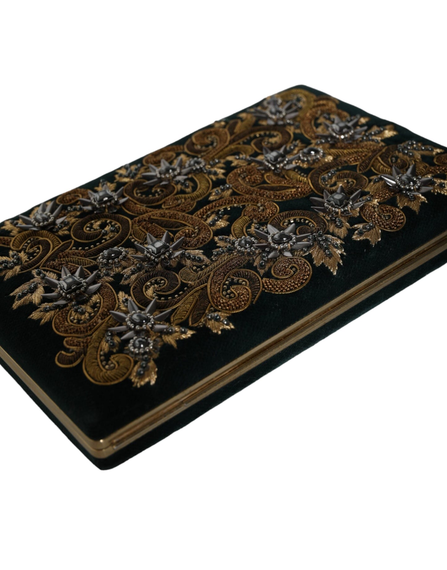 Compact Evening Box Clutch Convertible Handbag by Dolce & Gabbana for women in velvet poly cotton & leather black, gold, pearl & signature features a polished silhouette with a secure , ample cardholder, and polished for a sophisticated look.