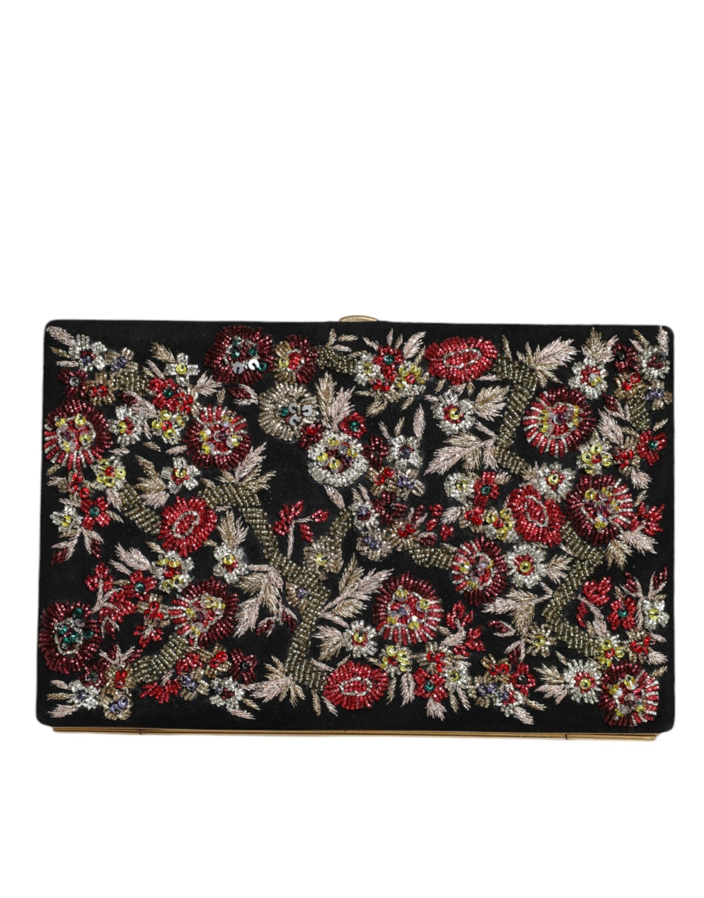 Evening Box Clutch Convertible Handbag by Dolce & Gabbana for women in suede leather black, gold, multicolor, patterned & floral presents a exquisite silhouette, showcasing a secure and organized cardholder with versatile .