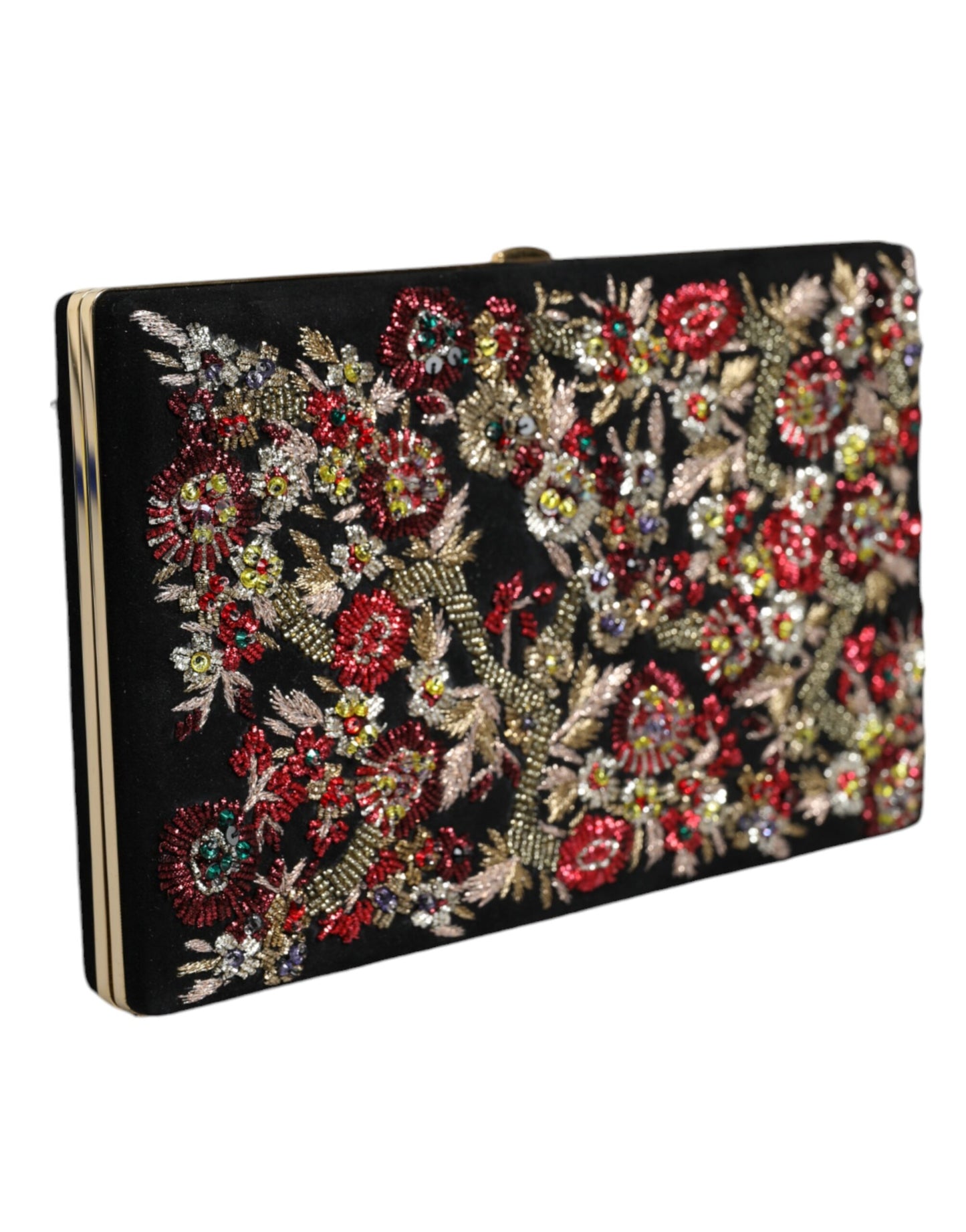 Evening Box Clutch Convertible Handbag by Dolce & Gabbana for women in suede leather black, gold, multicolor, patterned & floral features a polished silhouette with a secure , ample cardholder, and polished for a sophisticated look.