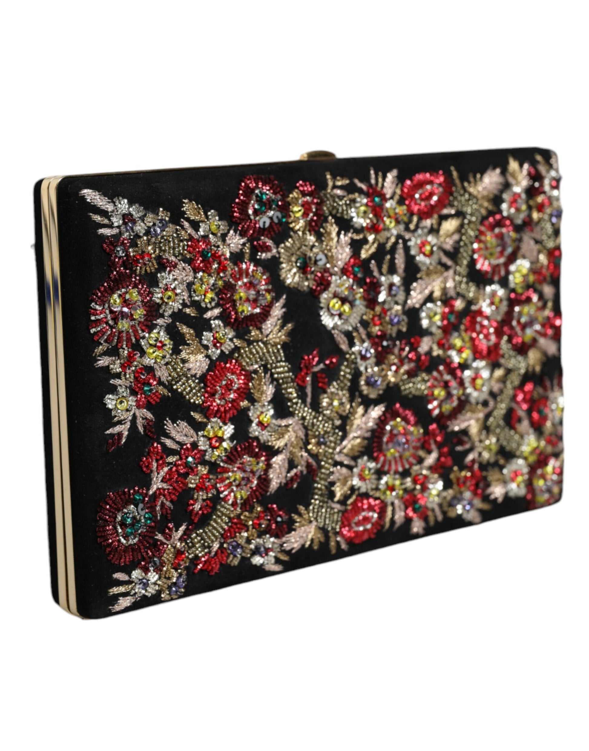 Evening Box Clutch Convertible Handbag by Dolce & Gabbana for women in suede leather black, gold, multicolor, patterned & floral features a polished silhouette with a secure , ample cardholder, and polished for a sophisticated look.