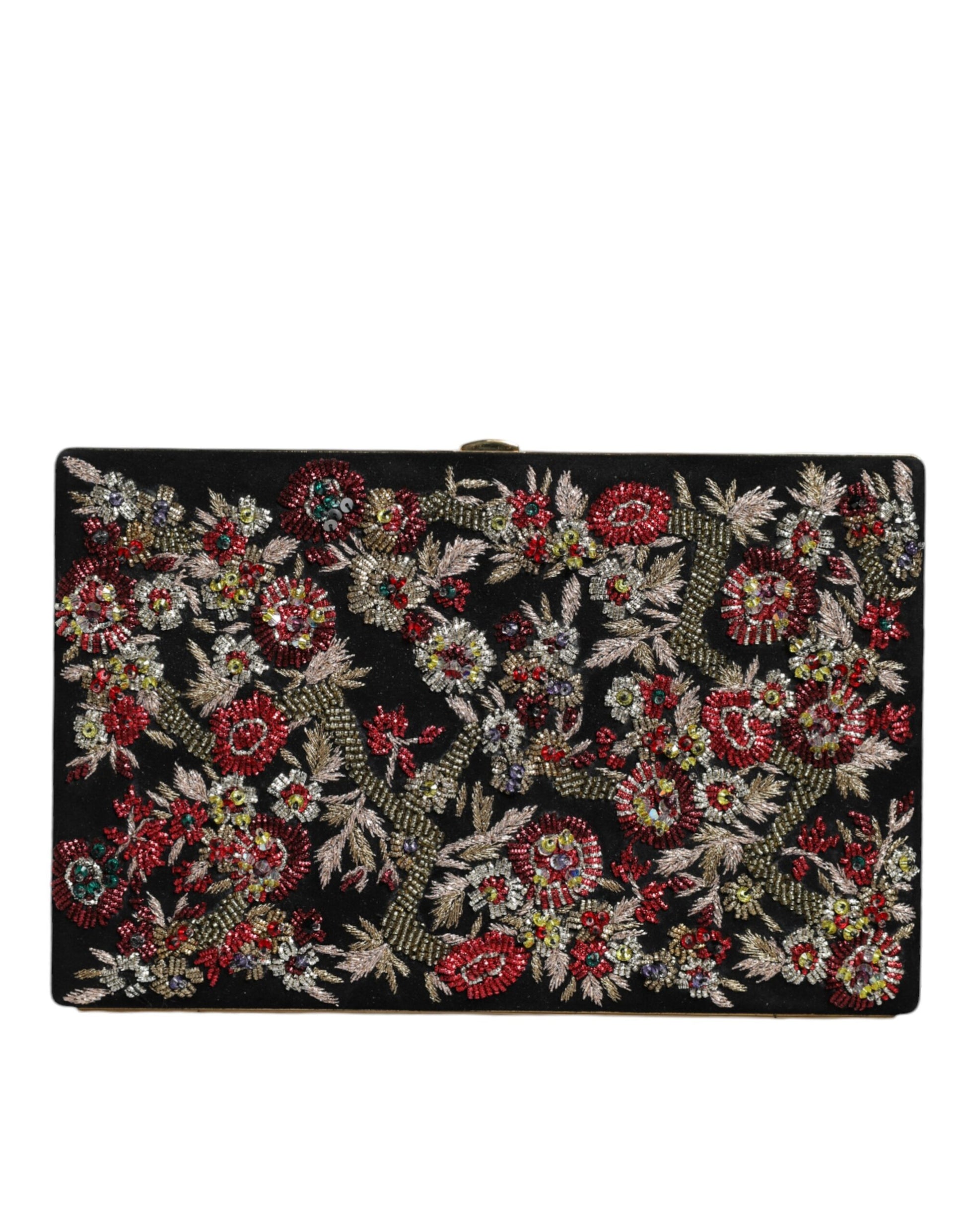 Evening Box Clutch Convertible Handbag by Dolce & Gabbana for women in suede leather black, gold, multicolor, patterned & floral features an exquisite silhouette, showcasing a secure , ample cardholder, and exquisite for a sophisticated finish.
