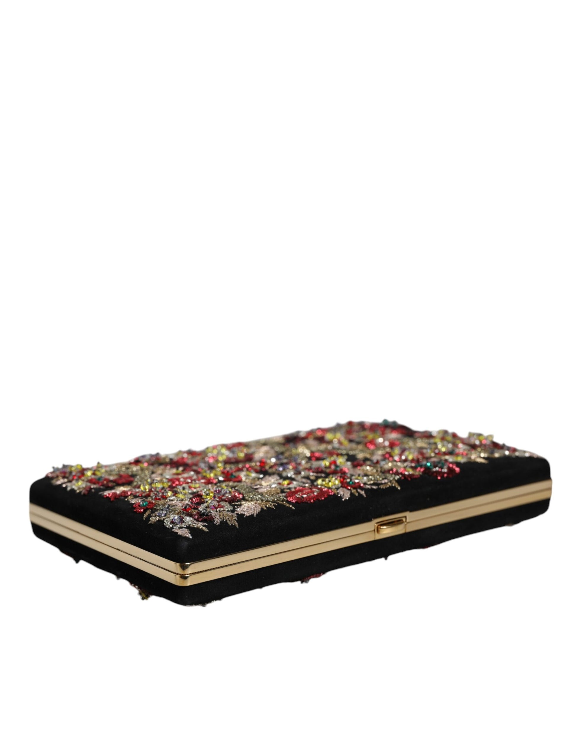 Evening Box Clutch Convertible Handbag by Dolce & Gabbana for women in suede leather black, gold, multicolor, patterned & floral presents a enviable design with a secure , ample cardholder, and versatile for a sophisticated look.