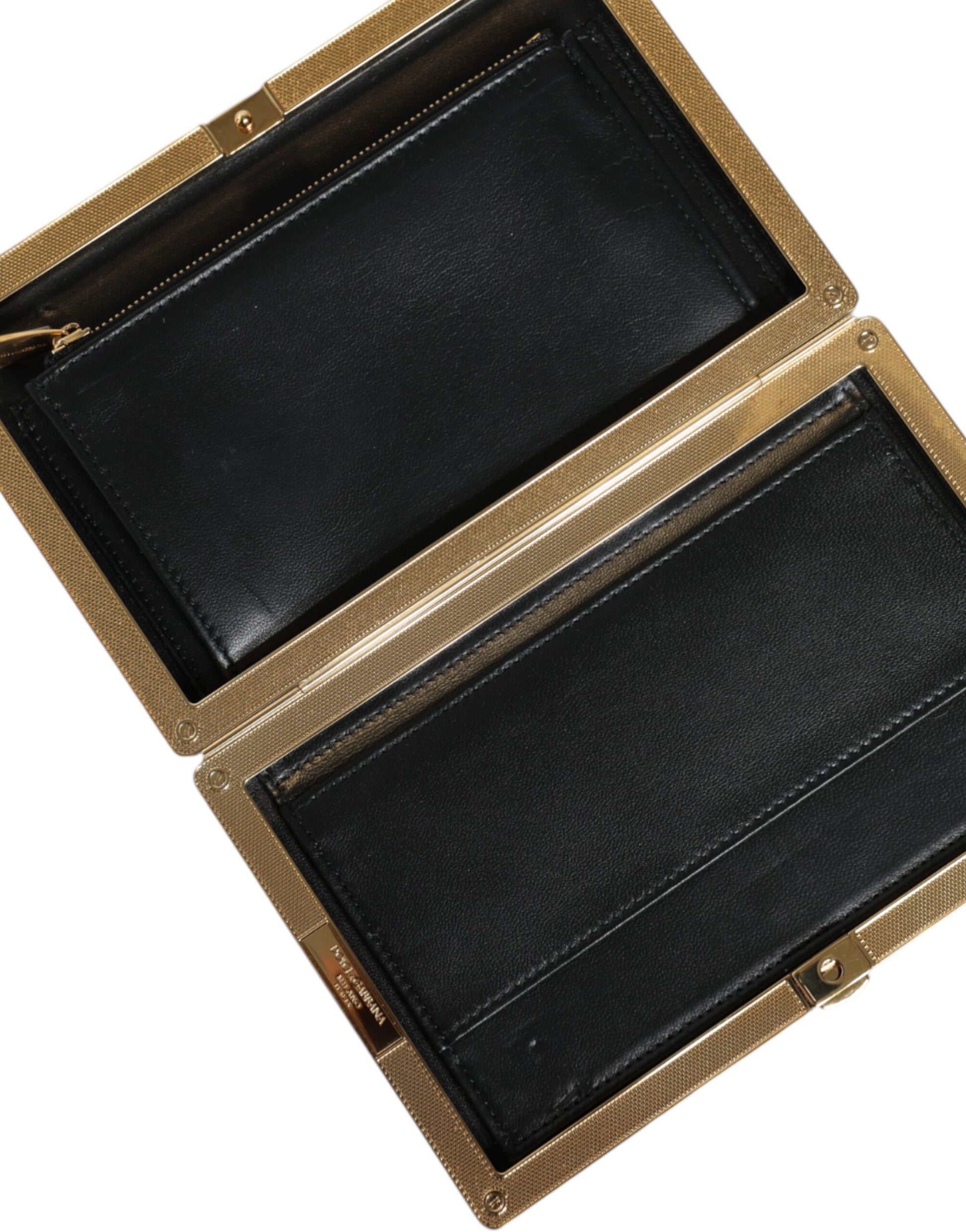 Evening Box Clutch Convertible Handbag by Dolce & Gabbana for women in suede leather black, gold, multicolor, patterned & floral presents a enviable design with a secure , ample cardholder, and versatile for a sophisticated look.