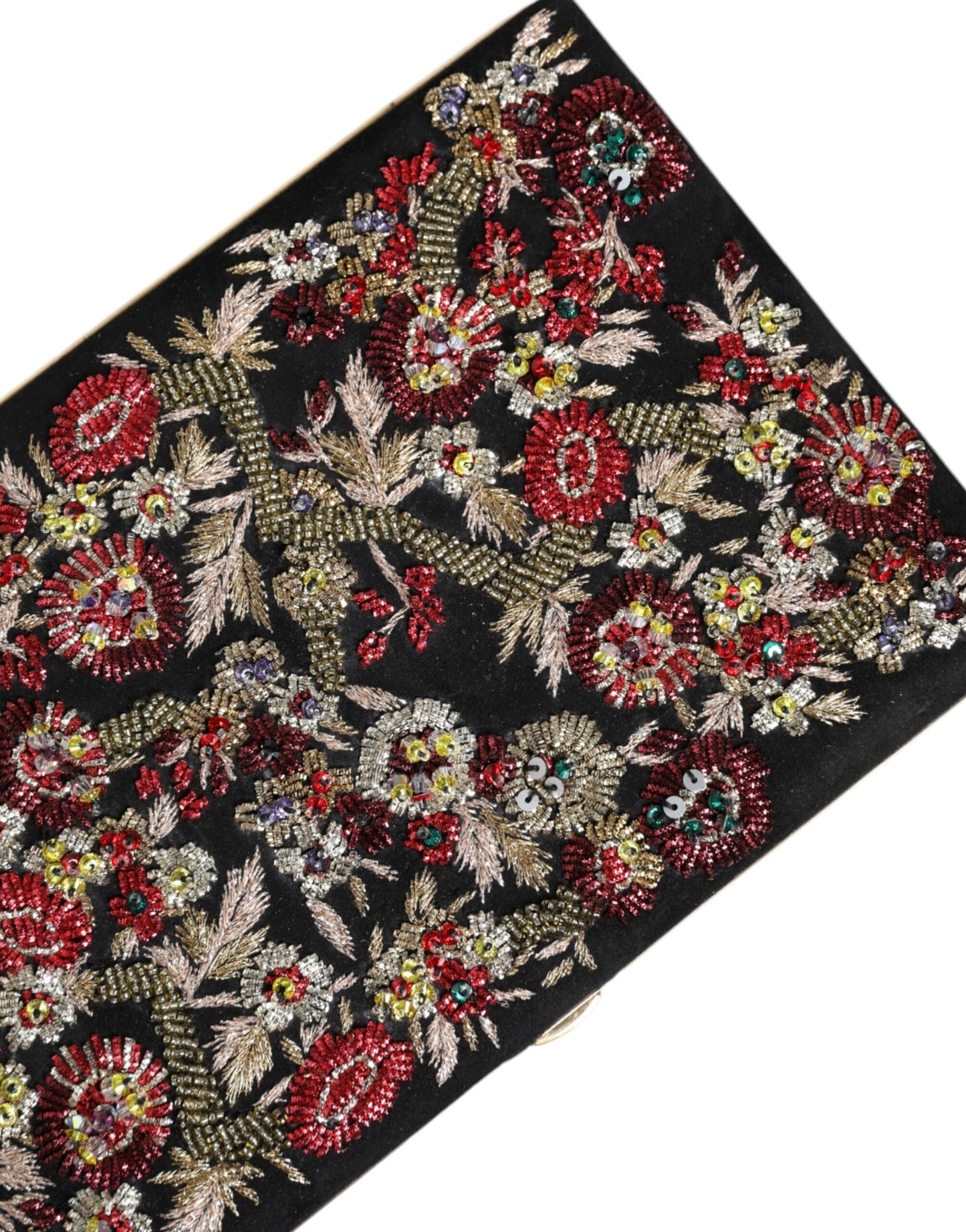 Evening Box Clutch Convertible Handbag by Dolce & Gabbana for women in suede leather black, gold, multicolor, patterned & floral presents a exquisite silhouette, showcasing a secure and organized cardholder with versatile .
