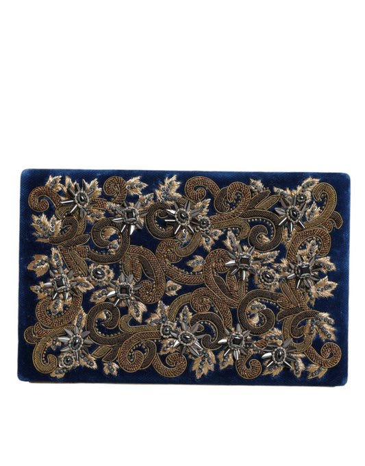 Evening Box Clutch Convertible Handbag by Dolce & Gabbana for women in velvet poly cotton & leather black, blue, gold & pearl features a polished silhouette with a secure , ample cardholder, and polished for a sophisticated look.