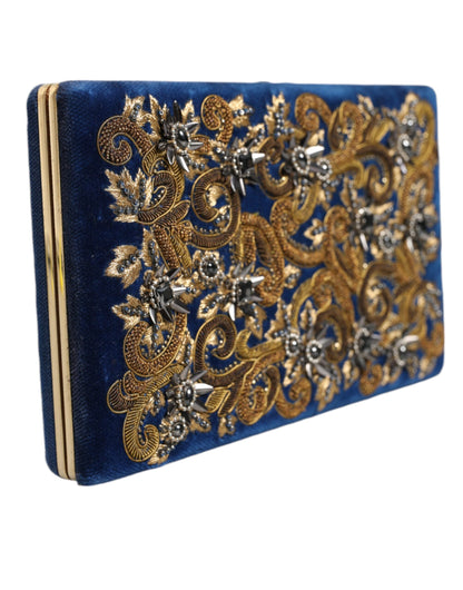 Evening Box Clutch Convertible Handbag by Dolce & Gabbana for women in velvet poly cotton & leather black, blue, gold & pearl features an exquisite silhouette, showcasing a secure , ample cardholder, and exquisite for a sophisticated finish.