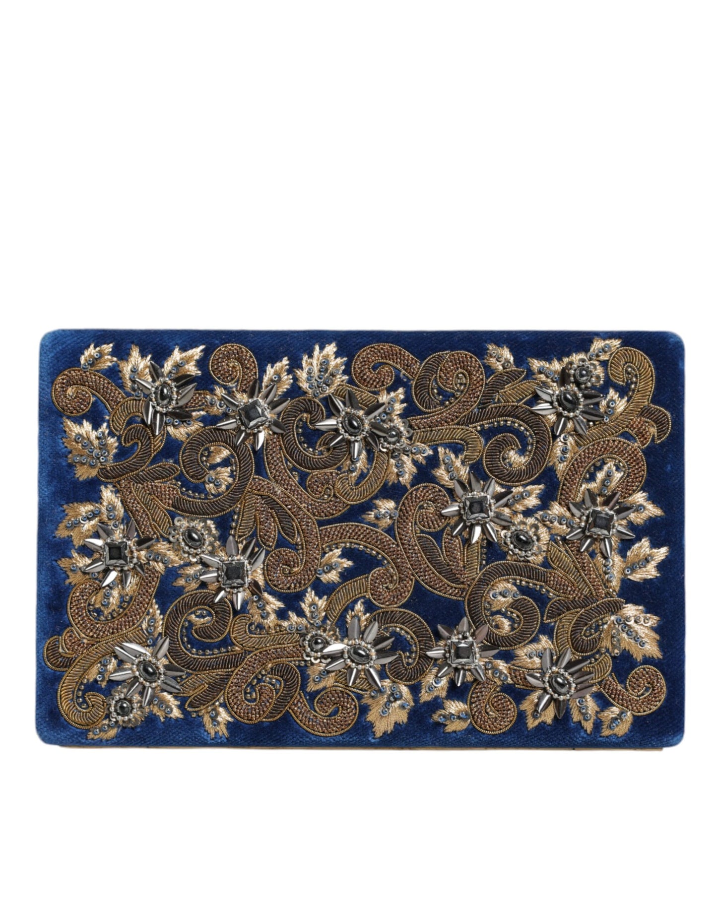 Evening Box Clutch Convertible Handbag by Dolce & Gabbana for women in velvet poly cotton & leather black, blue, gold & pearl features an exquisite silhouette, showcasing a secure , ample cardholder, and versatile for exquisite style.
