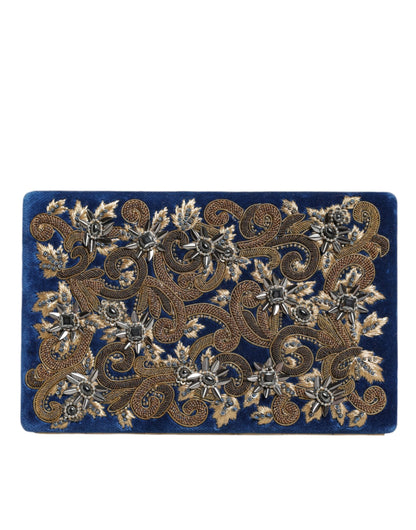 Evening Box Clutch Convertible Handbag by Dolce & Gabbana for women in velvet poly cotton & leather black, blue, gold & pearl features an exquisite silhouette, showcasing a secure , ample cardholder, and versatile for exquisite style.