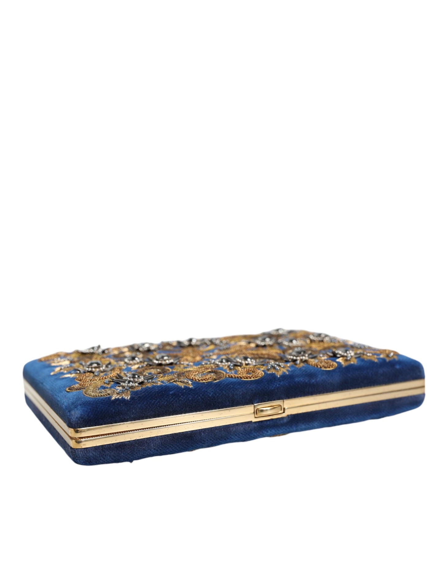 Evening Box Clutch Convertible Handbag by Dolce & Gabbana for women in velvet poly cotton & leather black, blue, gold & pearl features a refined silhouette, showcasing a secure and refined cardholder with versatile for a refined finish.