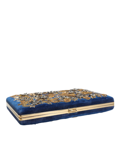 Evening Box Clutch Convertible Handbag by Dolce & Gabbana for women in velvet poly cotton & leather black, blue, gold & pearl features a refined silhouette, showcasing a secure and refined cardholder with versatile for a refined finish.