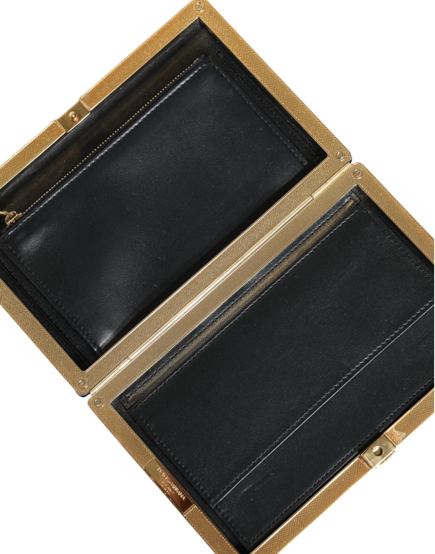 Evening Box Clutch Convertible Handbag by Dolce & Gabbana for women in velvet poly cotton & leather black, blue, gold & pearl features a exquisite silhouette with a secure , ample cardholder, and versatile for a exquisite look.