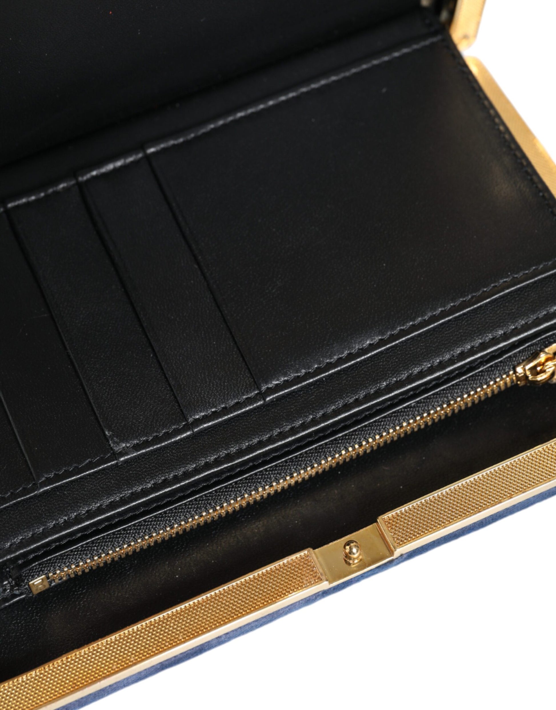Evening Box Clutch Convertible Handbag by Dolce & Gabbana for women in velvet poly cotton & leather black, blue, gold & pearl features a exquisite silhouette with a secure , ample cardholder, and versatile for a exquisite look.