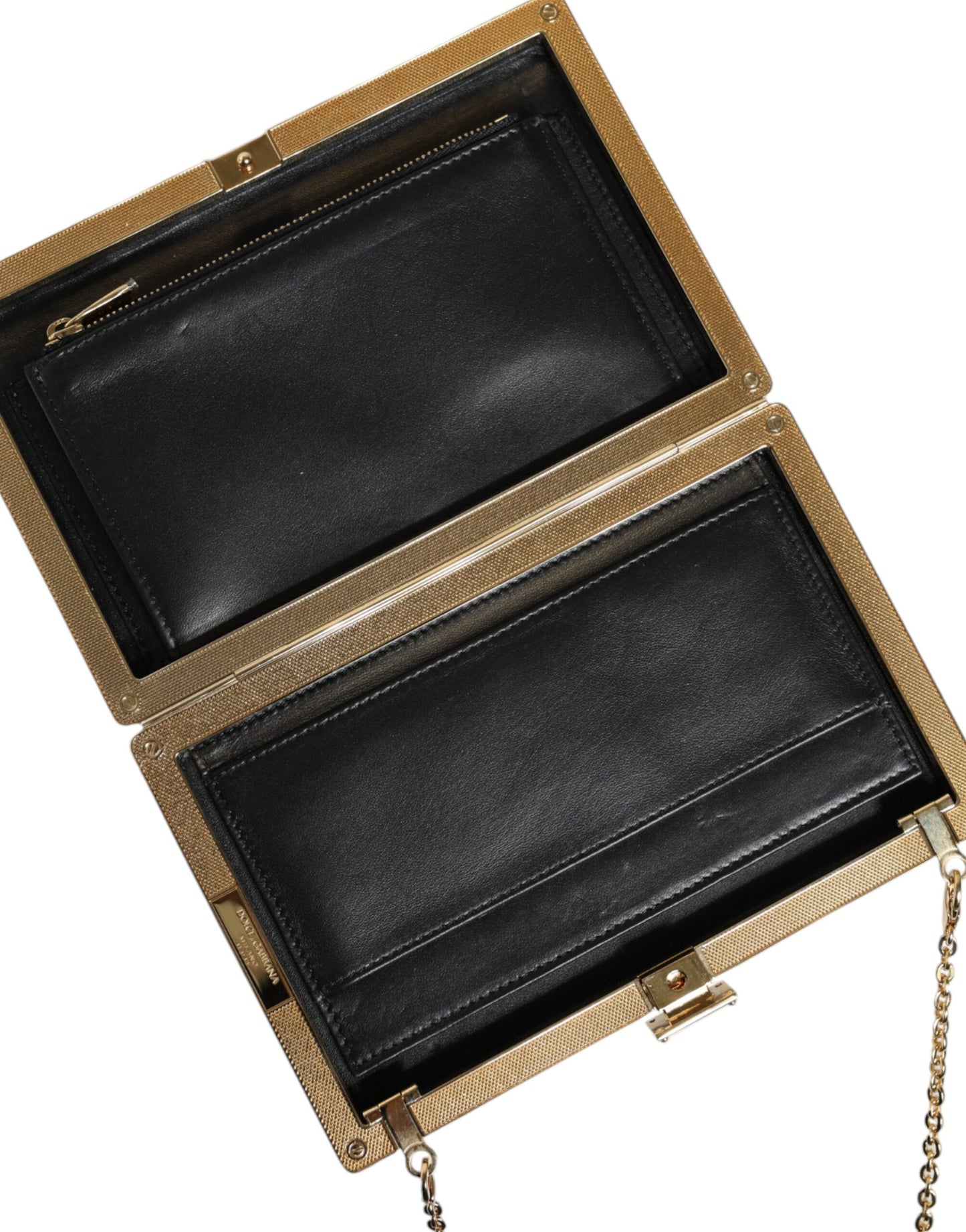 Micro Crossbody Box Clutch Convertible Handbag by Dolce & Gabbana for women in leather & brass black, brown & gold presents a exquisite silhouette, showcasing a secure and organized cardholder with versatile crossbody-strap & detachable-strap.