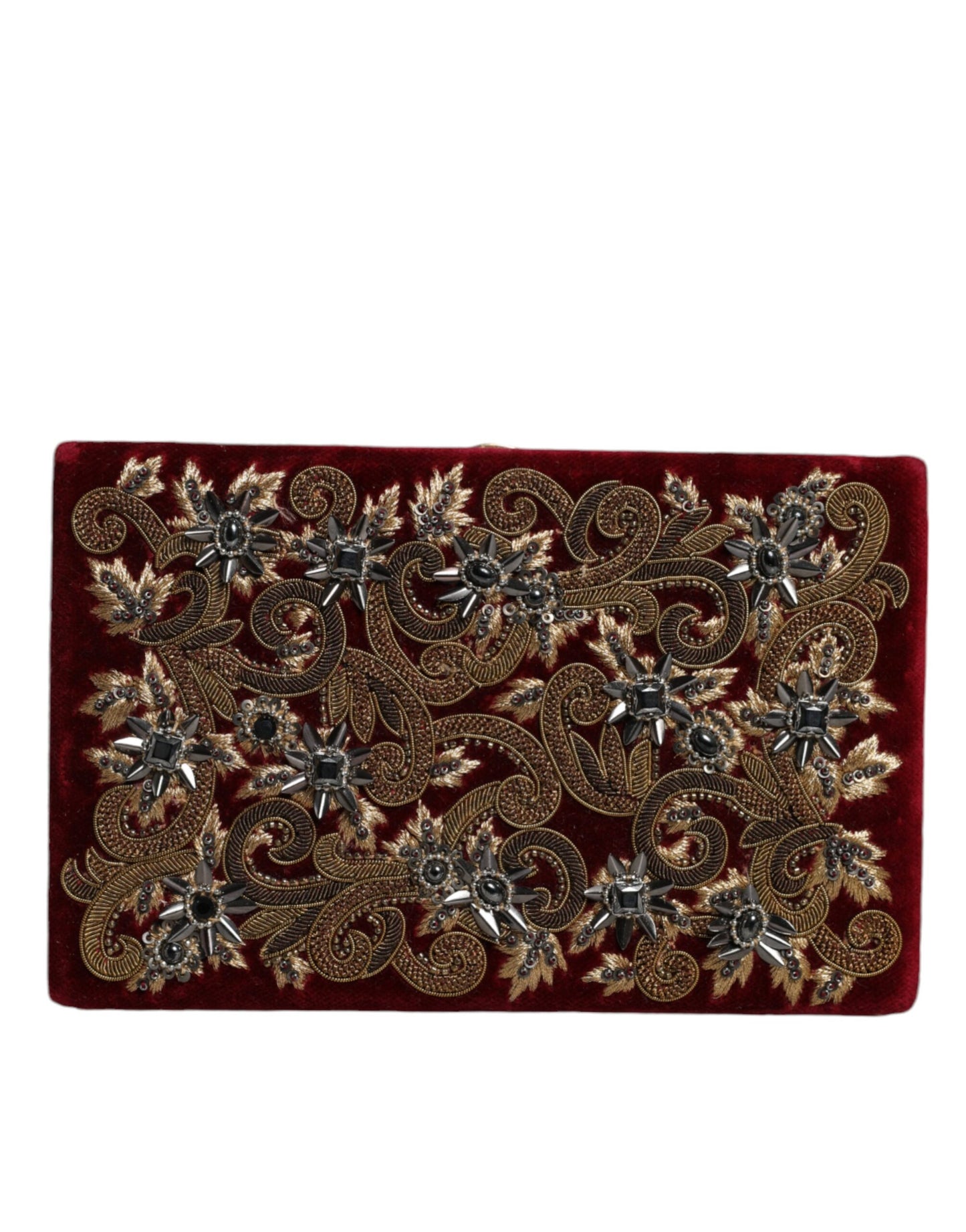 Compact Evening Box Clutch Convertible Handbag by Dolce & Gabbana for women in velvet poly cotton & leather black, gold, pearl & red features an exquisite silhouette, showcasing a secure , ample cardholder, and exquisite for a sophisticated finish.