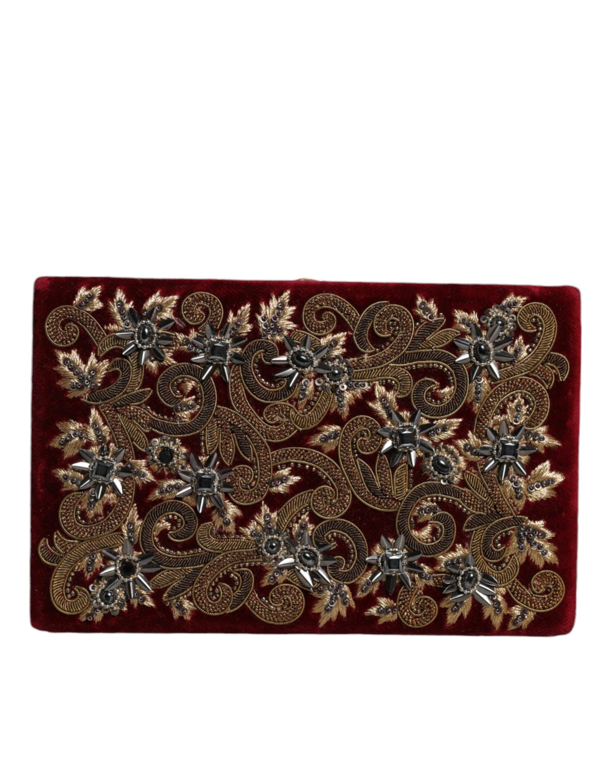 Compact Evening Box Clutch Convertible Handbag by Dolce & Gabbana for women in velvet poly cotton & leather black, gold, pearl & red features an exquisite silhouette, showcasing a secure , ample cardholder, and exquisite for a sophisticated finish.