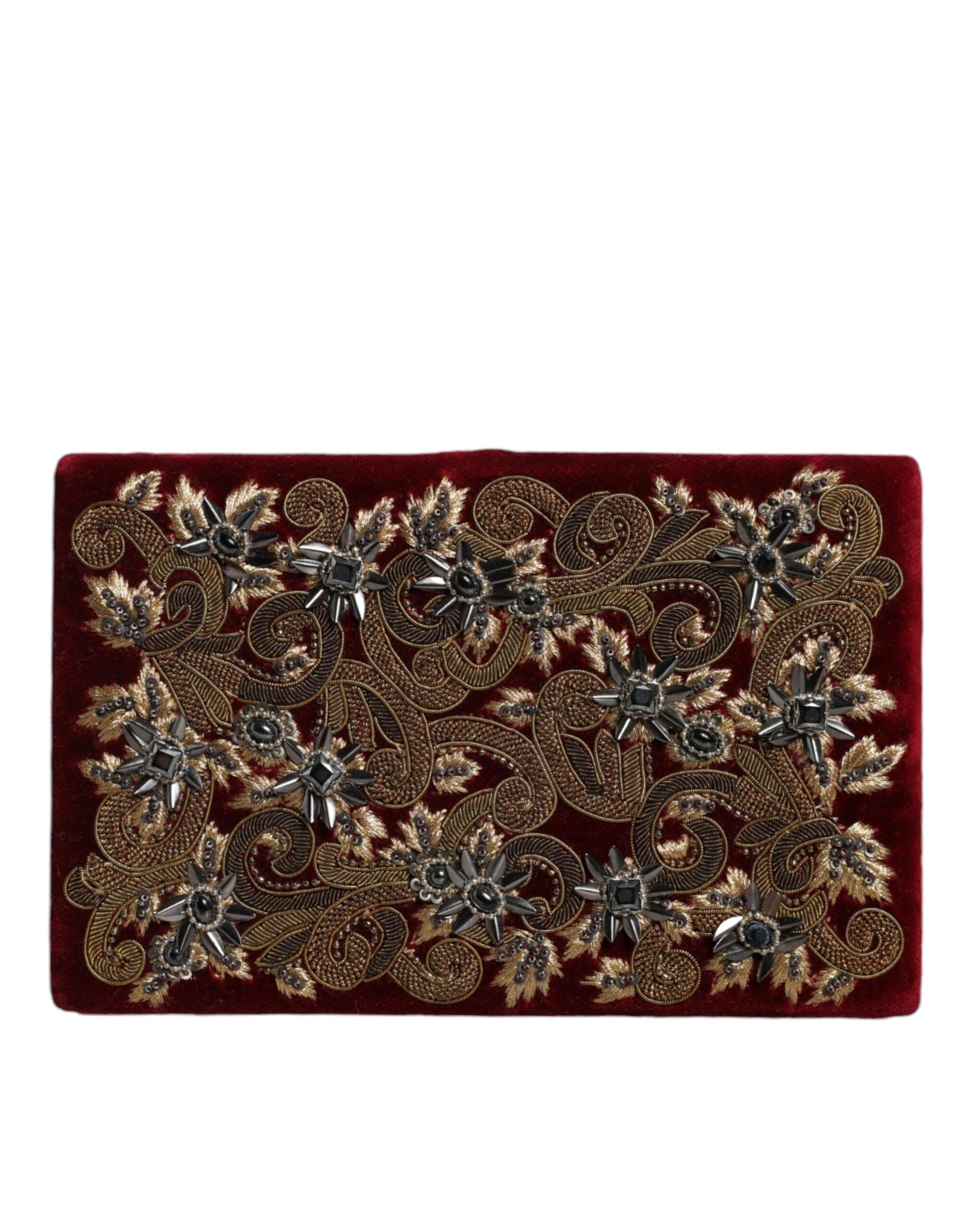 Compact Evening Box Clutch Convertible Handbag by Dolce & Gabbana for women in velvet poly cotton & leather black, gold, pearl & red features an exquisite silhouette, showcasing a secure , ample cardholder, and versatile for exquisite style.