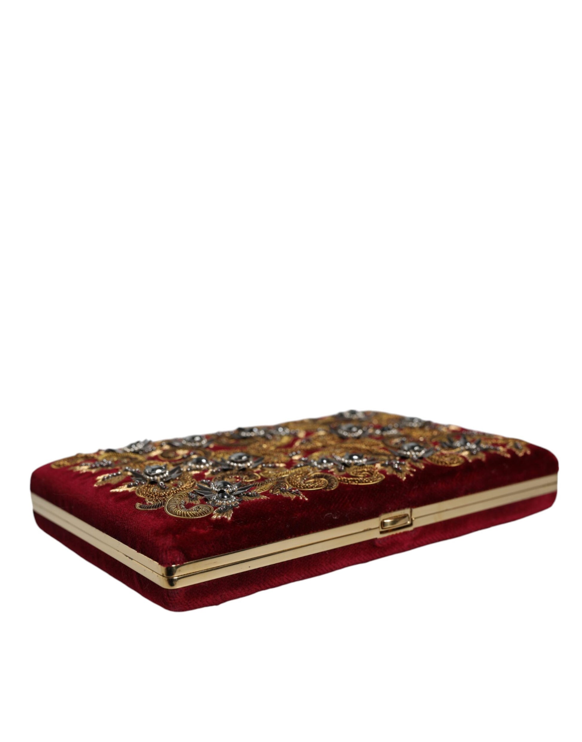 Compact Evening Box Clutch Convertible Handbag by Dolce & Gabbana for women in velvet poly cotton & leather black, gold, pearl & red presents a enviable design with a secure , ample cardholder, and versatile for a sophisticated look.