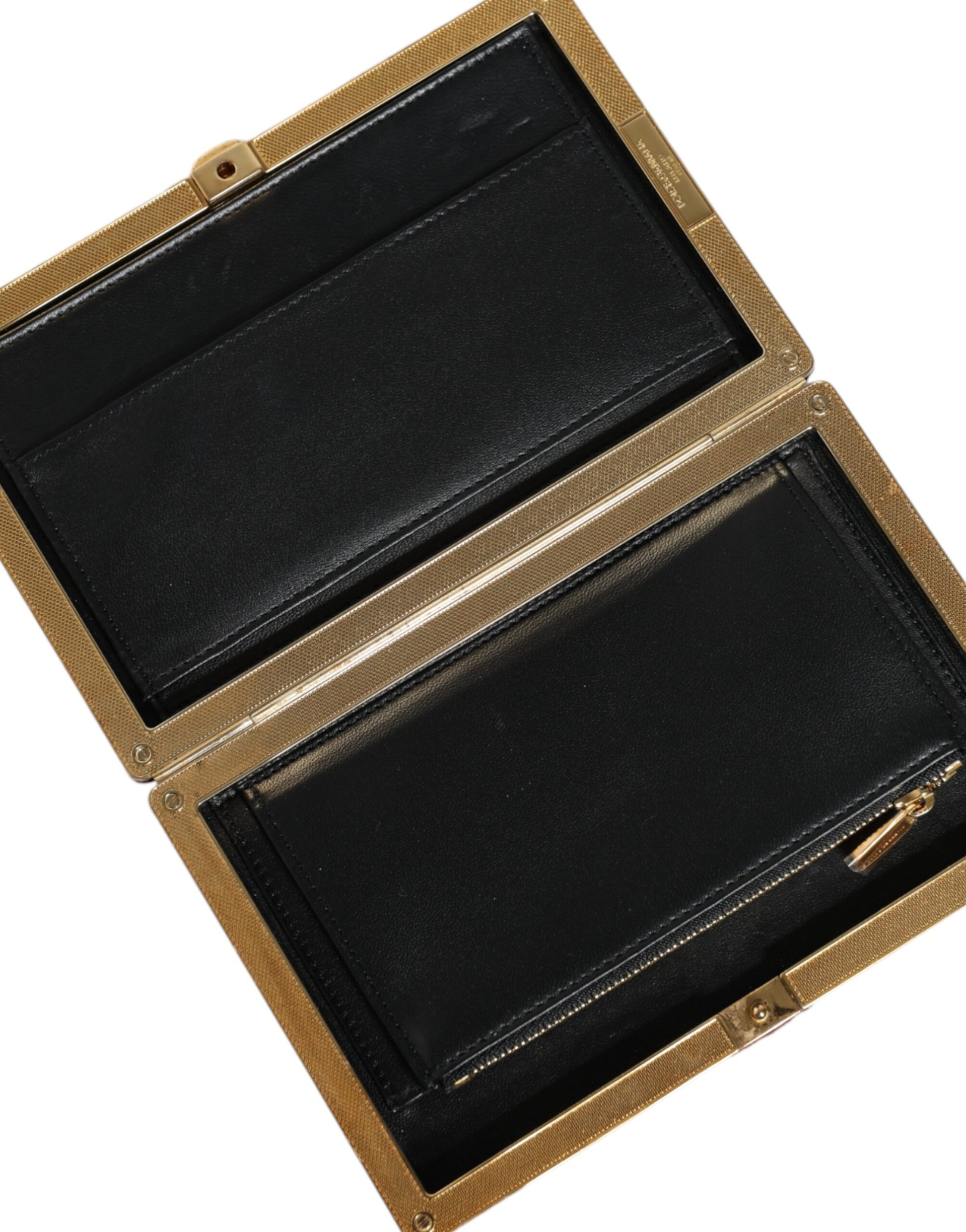 Compact Evening Box Clutch Convertible Handbag by Dolce & Gabbana for women in velvet poly cotton & leather black, gold, pearl & red presents a exquisite silhouette, showcasing a secure and organized cardholder with versatile .