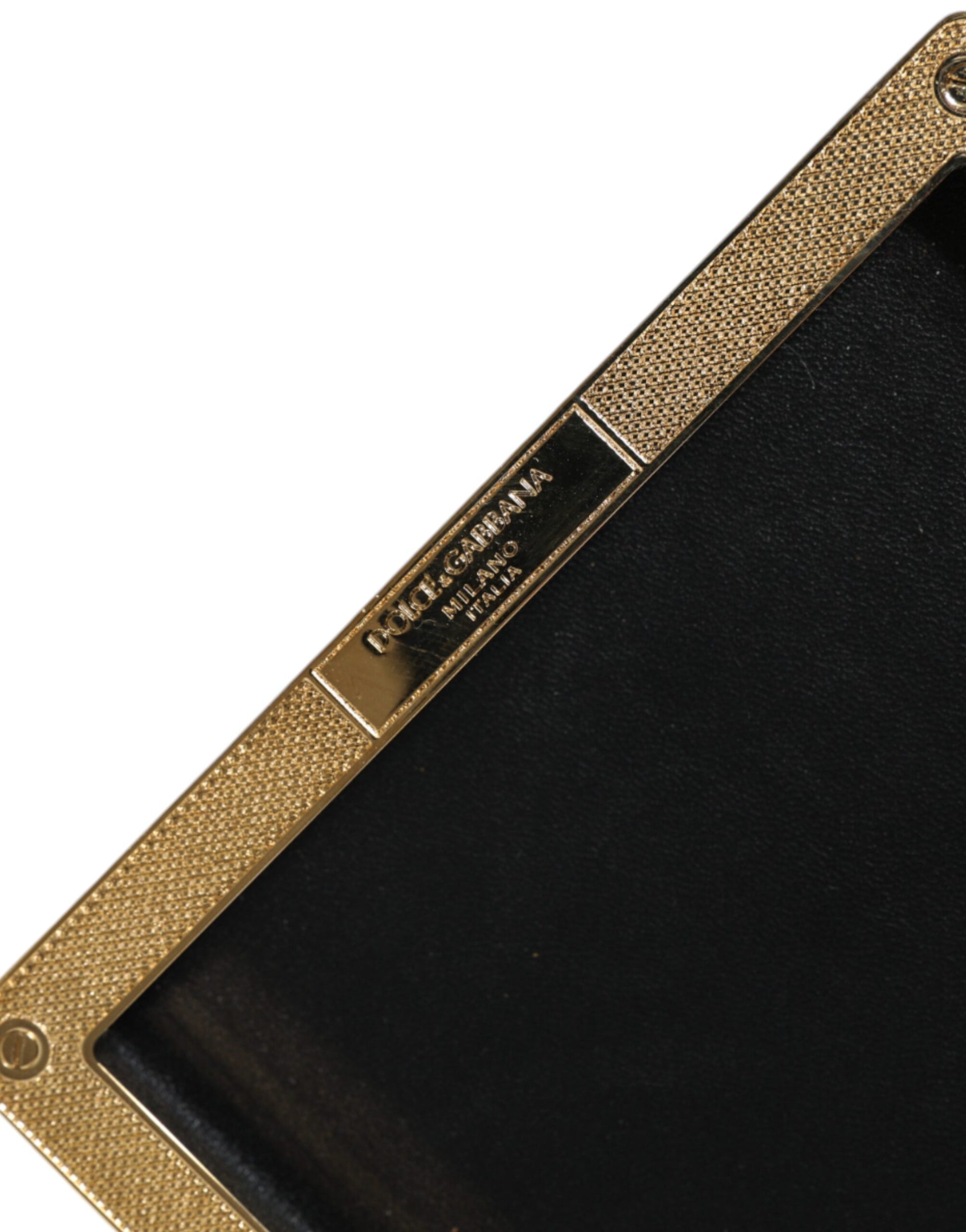 Compact Evening Box Clutch Convertible Handbag by Dolce & Gabbana for women in leather & brass black & gold features a exquisite silhouette with a secure , ample , and versatile for a exquisite look.