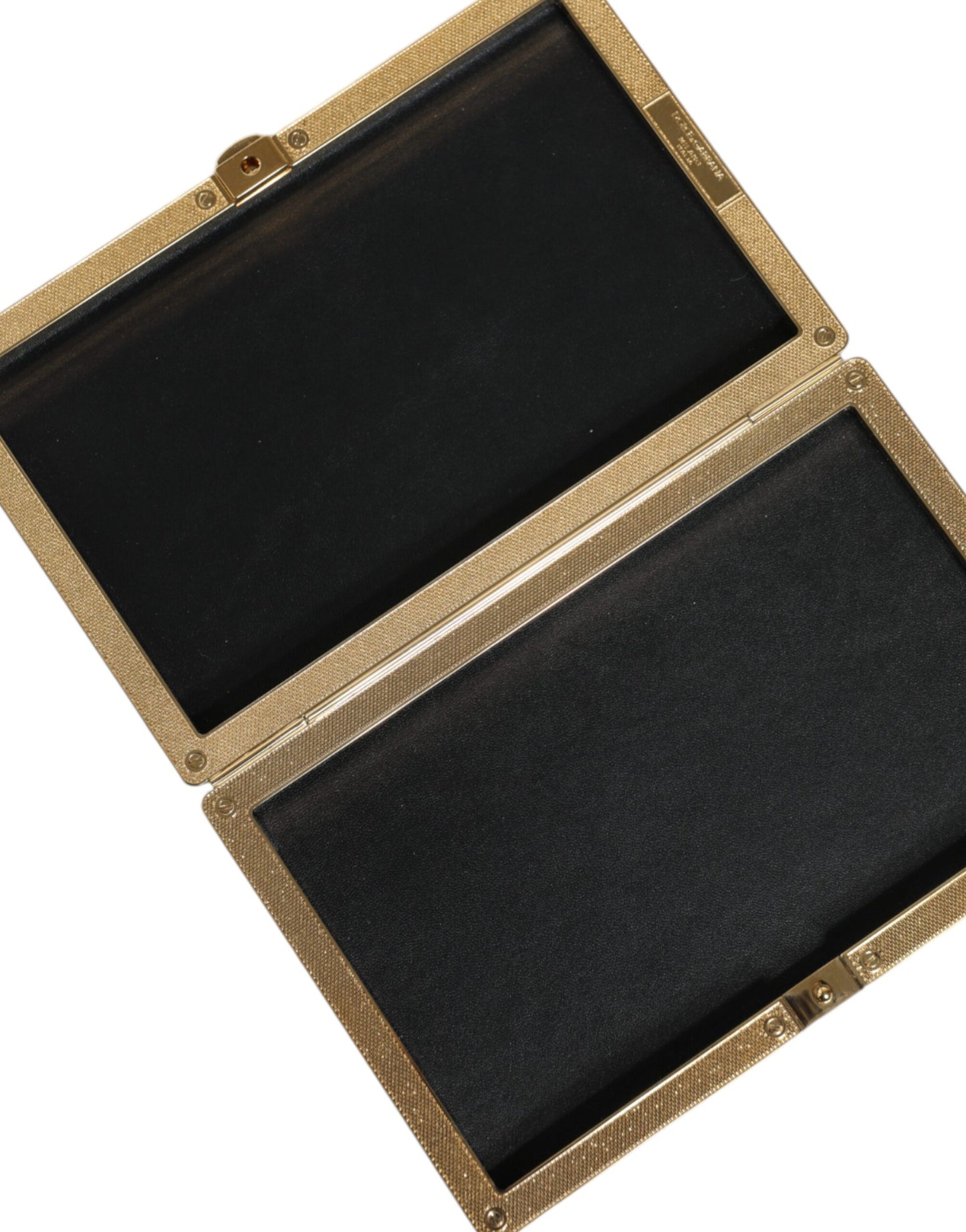 Compact Evening Box Clutch Convertible Handbag by Dolce & Gabbana for women in leather & brass black & gold features a polished silhouette with a secure , ample , and polished for a sophisticated look.