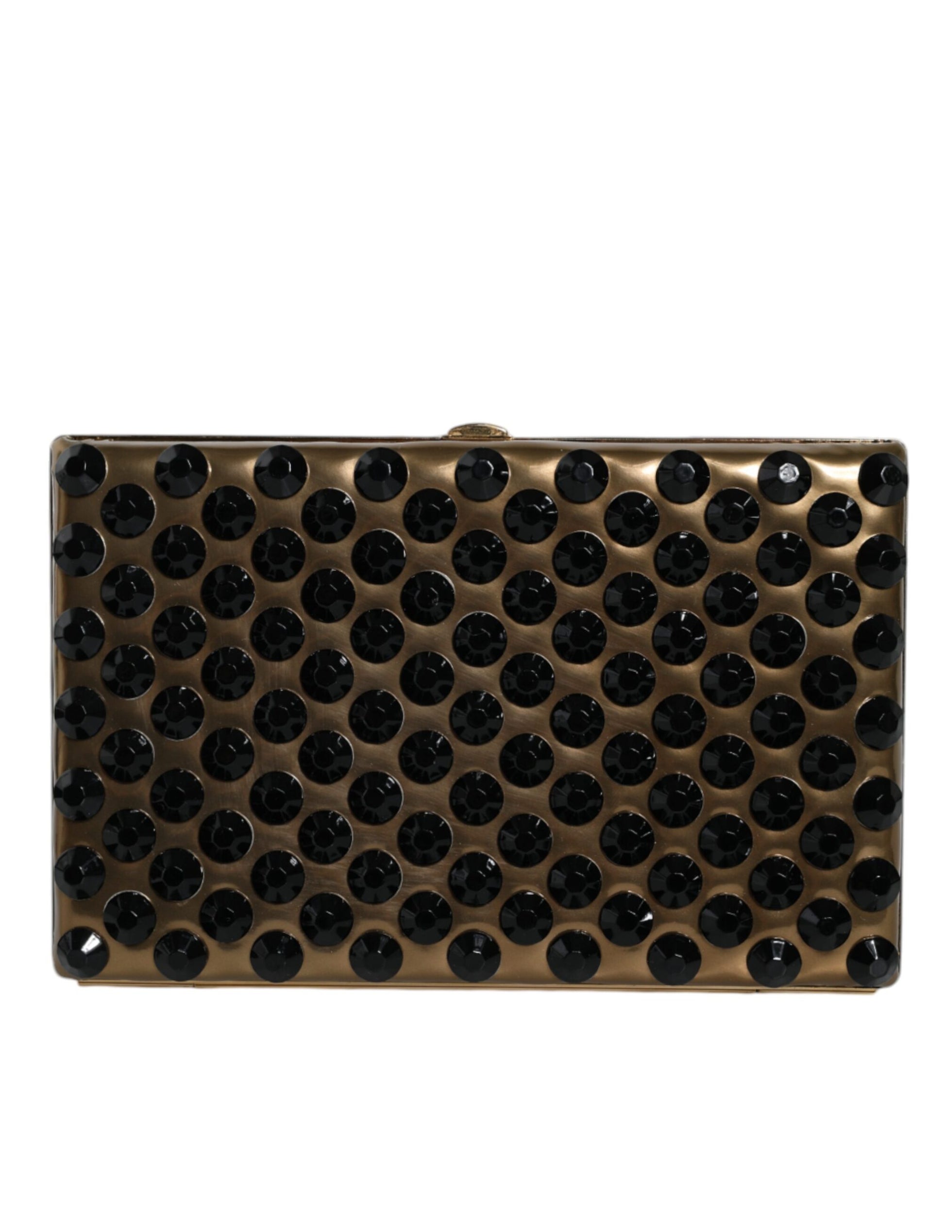 Evening Box Clutch Convertible Handbag by Dolce & Gabbana for women in leather & brass black & gold features a polished silhouette with a secure , ample , and polished for a sophisticated look.